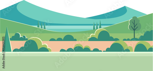 Flat Vector Landscape with Mountains and Green Rolling Hills