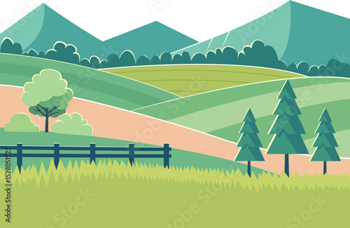 Scenic Mountain and Field Landscape Illustration in Flat Vector Style