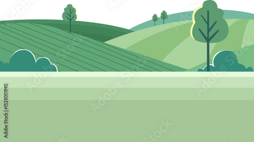 Flat Vector Landscape with Green Hills, Trees, and Clear Sky Background