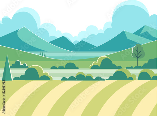 Flat Vector Landscape Illustration with Mountains, Fields, and Clear Sky