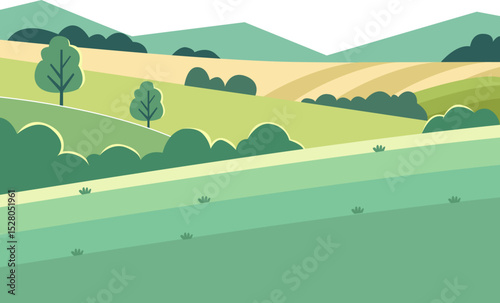 Farm Landscape Illustration with Green Hills, Fields, and Trees in Flat Vector Style