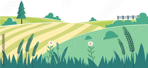 Vector Illustration of a Peaceful Rural Landscape Scene