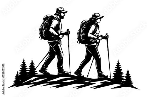 hiking couple in mountains silhouette