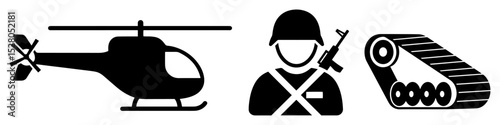 military icon set with soldier helicopter and tank