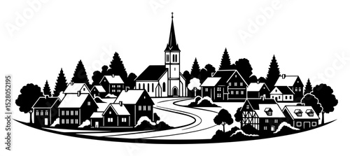 village landscape with church silhouette vector
