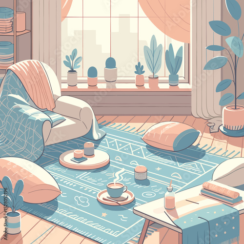 Area rug in a cozy living room with relaxing atmosphere and stylish decor