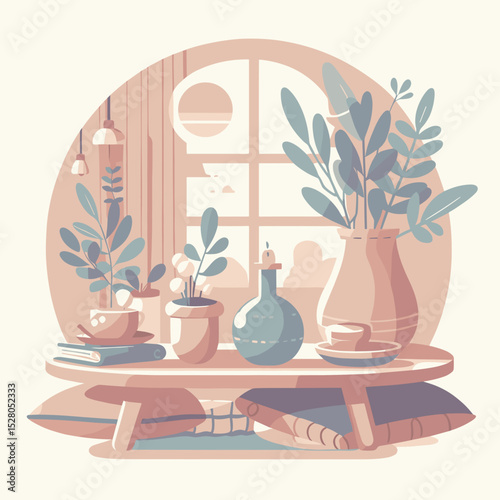 Table vase with plants and cozy decor in a beautifully lit room