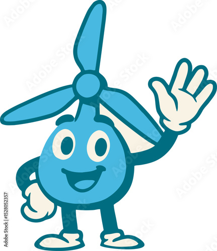 Friendly wind turbine mascot waving - world wind day renewable energy character design. 