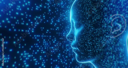 artificial intelligence background human head composed of data points and binary code. Represents concepts of digital mind, machine learning, and futuristic technology.