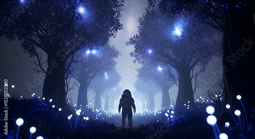 Astronaut Walking in a Glowing Forest at Night