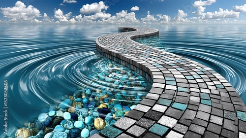 blue water reflection, Serpentine Pathway of Tiles Over Crystal Clear Water Under Blue Sky