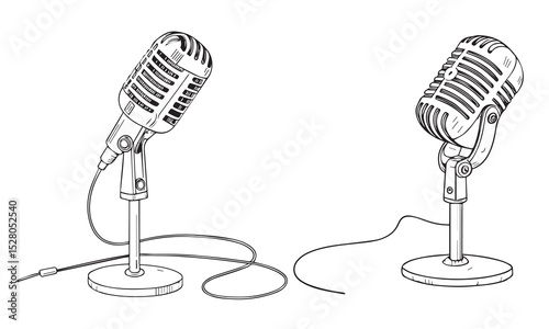 Single one line drawing vintage retro stage microphone. Old technology stand microphone concept for comedian at standup comedy show. Modern continuous line draw design graphic vector illustration
