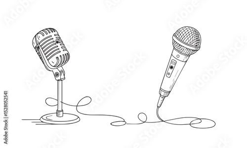 Single one line drawing vintage retro stage microphone. Old technology stand microphone concept for comedian at standup comedy show. Modern continuous line draw design graphic vector illustration