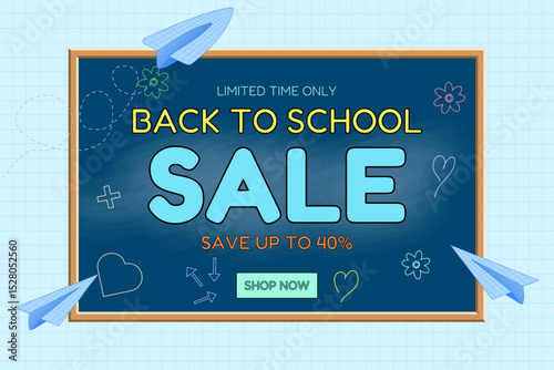 Back to school sale banner with chalkboard, blue paper planes and chalk doodles. Cartoon promotional design on graph background. For seasonal promotion, shopping advertisement, and marketing material.