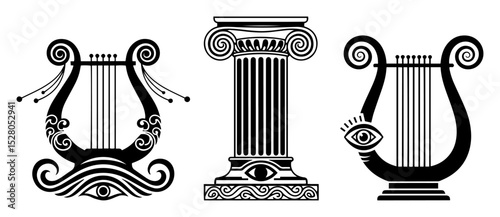 ancient greek lyre and column vector set