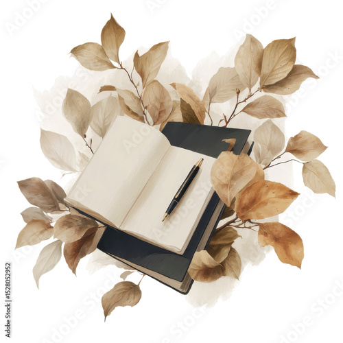 Open Notebook with Pen and Autumn Leaves