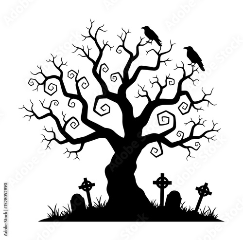 haunted tree with graveyard silhouette vector