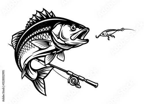 bass fish jumping with fishing rod illustration