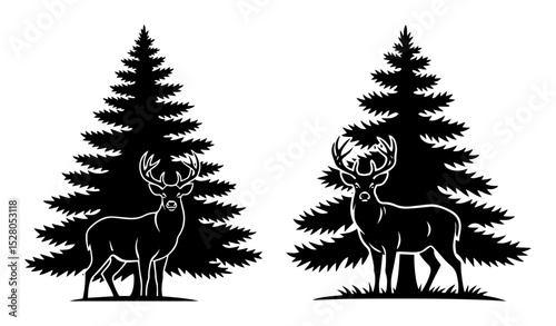 deer in winter pine forest silhouette vector