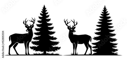 deer and fir tree scene vector silhouette