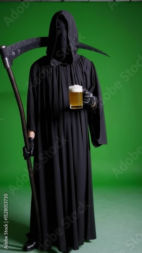 Grim reaper in black robe holding scythe and beer mug, standing against green studio background – death and humor in costume performance.