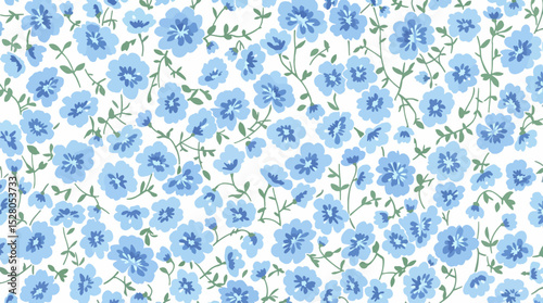 Hand drawn seamless pattern with watercolor flower flowers. Elegant romantic background with blue flower and leaves on a white background	