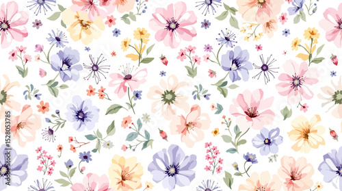 Seamless floral pattern, watercolor background pattern colorful flowers on white background