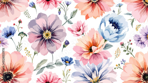 Seamless floral pattern, watercolor background pattern colorful flowers on white background