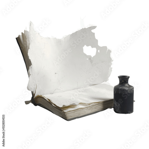 Antique Book with Inkwell, Damaged Pages, Aged Paper Texture