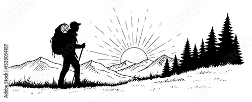 hiker silhouette with backpack in mountain landscape