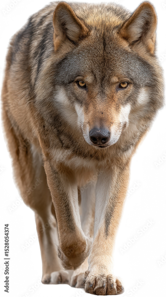 Obraz premium Dominant Wolf: A striking portrait of a lone wolf, its intense gaze and powerful stance projecting an air of strength and dominance. Its majestic presence is captured in this image.