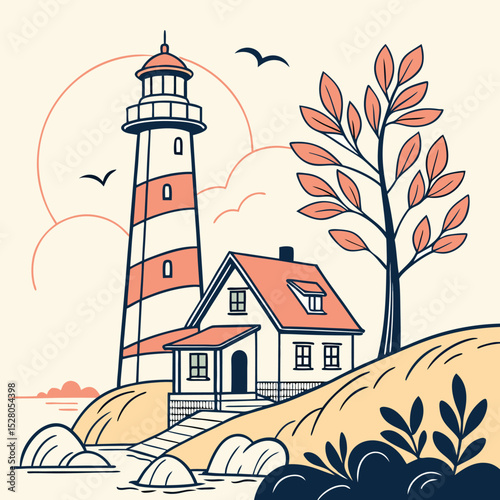Coastal Lighthouse Illustration: A serene scene of a coastal lighthouse next to house on a cliff. The illustrated image invokes tranquility and peace.