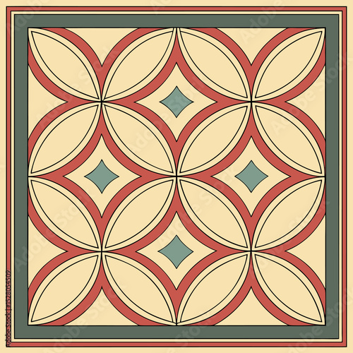 Geometric Tile Pattern: A close-up, symmetrical pattern. The design is composed of overlapping ovals and diamond shapes, within a squared frame. The tile features warm, earthy tones. 