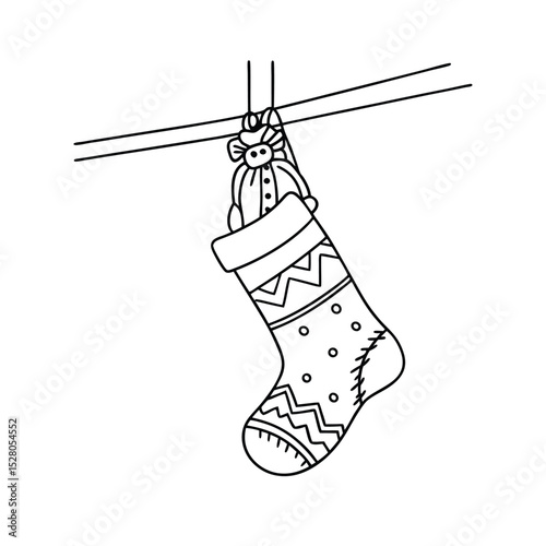 Festive christmas stocking with a small toy hanging from a simple clothesline in outline