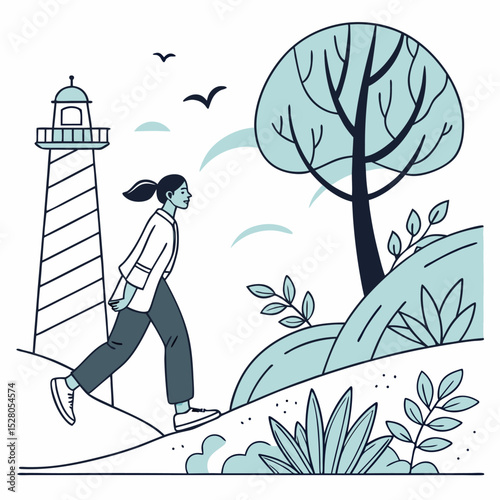 Coastal Path: A lone figure journeys along a coastal path, passing a steadfast lighthouse that stands as a symbol of guidance and safety, under a sky dotted with soaring birds.