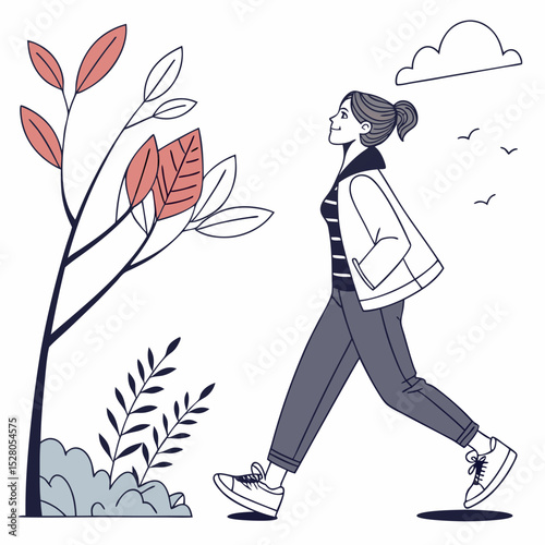 Joyful Stroll in Nature: A woman takes a leisurely walk through a scenic area, her gaze lifted toward the sky, embodying a sense of peace and freedom amidst the beauty of the natural world.