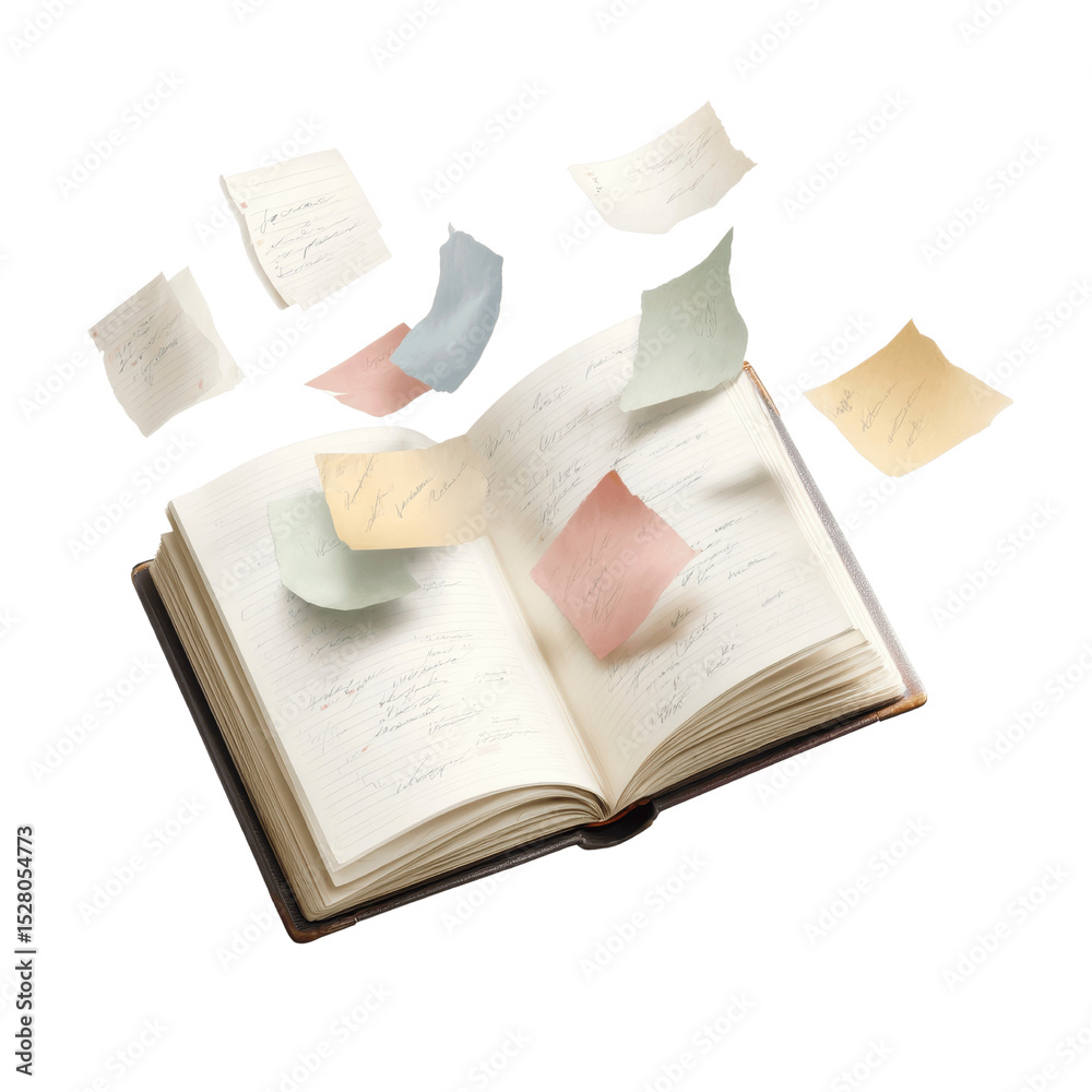 Obraz premium Open Notebook with Flying Sticky Notes - Ideas and Inspiration