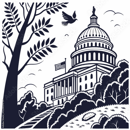Monumental Structure of Authority: Illustrative view of iconic architecture standing tall with the flag, complemented by the artistry of nature and the flight of a bird signifying freedom. 