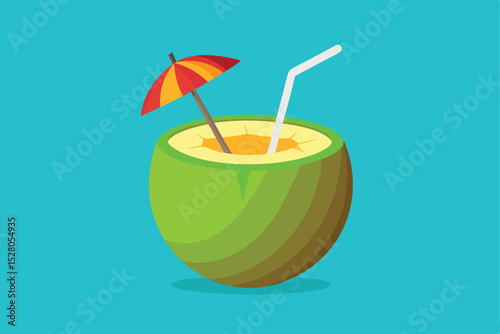 Refreshing Coconut Drink Tropical Summer Delight with Umbrella and Straw