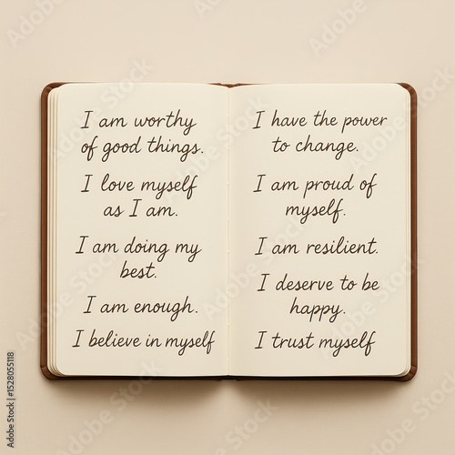 Open Notebook with Handwritten Self-Affirmations on Both Pages, Empowering Positive Mindset and Self-Confidence Concept