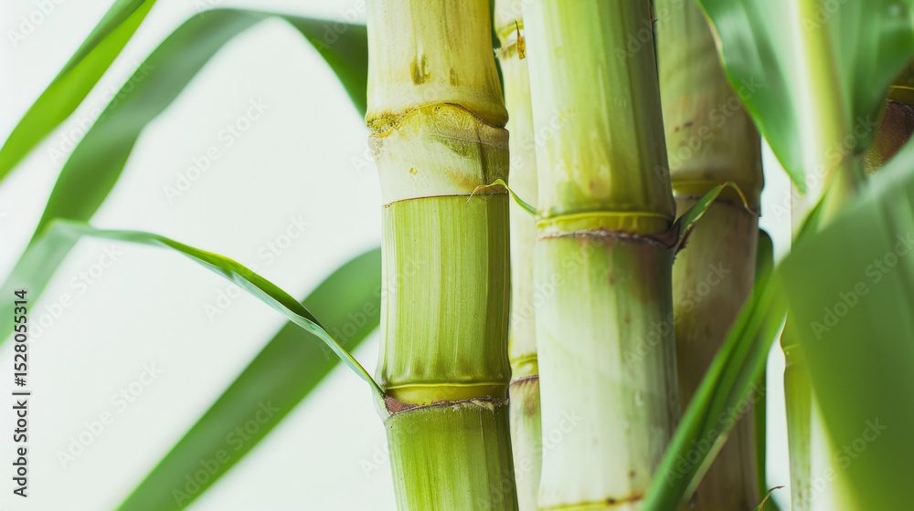 Fototapeta premium Close up of fresh green sugarcane stalks with leaves