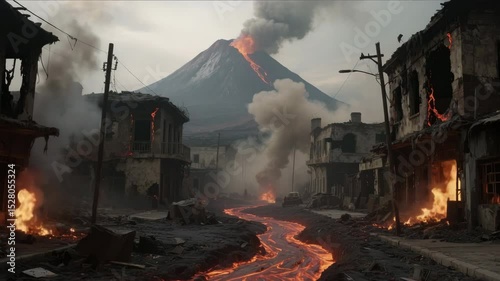 Dramatic video of lava flowing through a ruined city street as a volcano erupts in the distance, with smoke, fire, and destroyed buildings. Perfect for disaster, apocalypse, and cinematic projects.