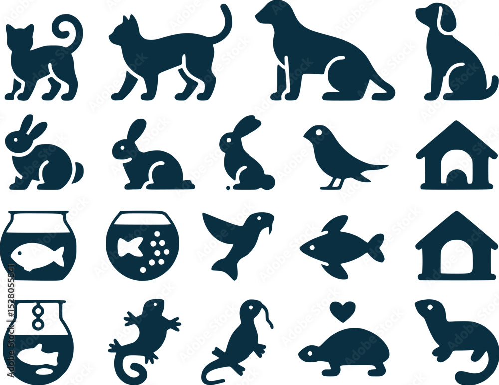 Fototapeta premium Pet Animal Silhouettes Icon Set Cats Dogs Fish Small Animals Vector