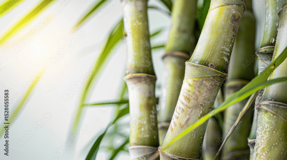 Fototapeta premium Green sugarcane stalks in sunlight with dew and leaves in soft focus