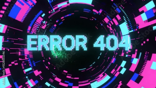 ERROR 404 text breaks apart and dissolves as a glitchy pixel vortex pulls it inward. Distorted colors flicker and swirl into the spiral, creating a digital crash visual. Perfect for cyber themes.