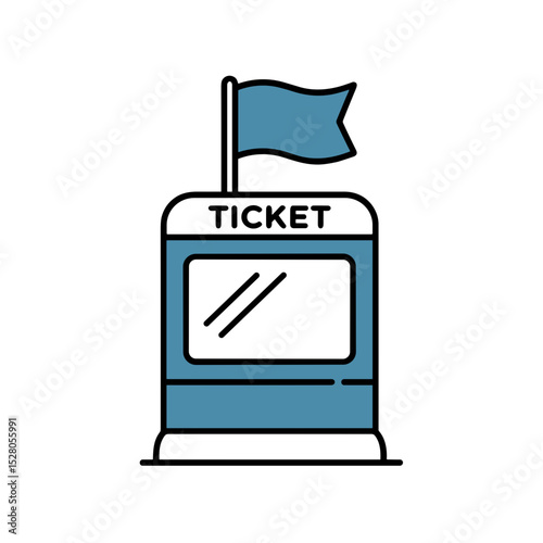 Vintage ticket booth illustration with blue color and flag  