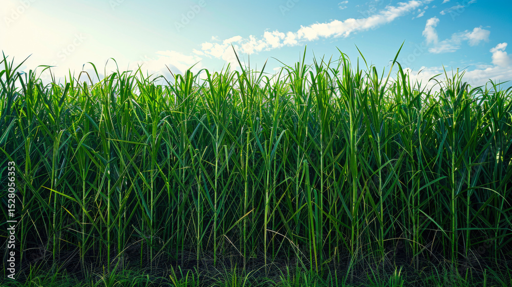 Obraz premium Tall vibrant green sugarcane plants growing under bright blue sky