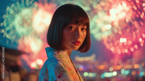 portrait of young supercute japanese woman in yukata watching summer fireworks