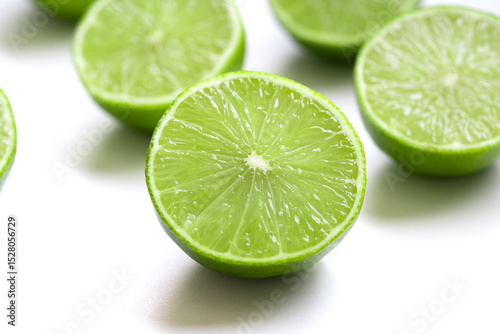 Vibrant green lime halves arranged on a clean white surface. The juicy texture and vivid color evoke a sense of freshness, summer, and natural simplicity. Selective focus.