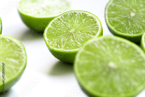 Vibrant green lime halves arranged on a clean white surface. The juicy texture and vivid color evoke a sense of freshness, summer, and natural simplicity. Selective focus.